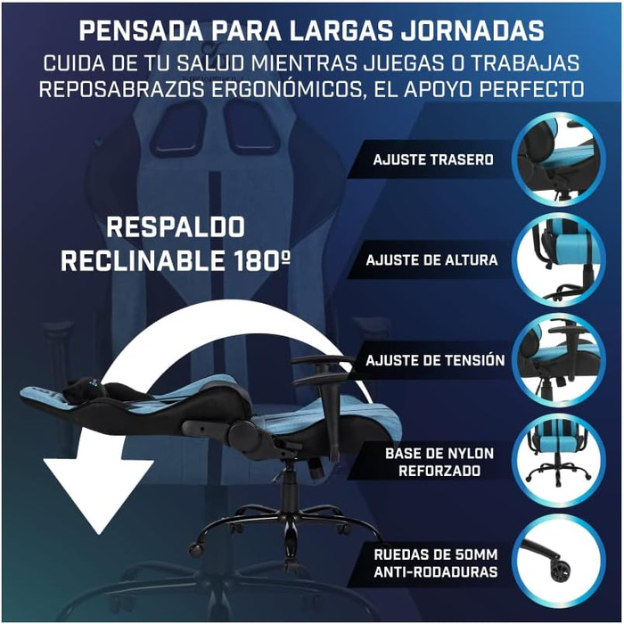 Ігрове крісло Newskill Horus Zephyr, ергономічне, тканинне, нахил 180°, 9 кольорів, синє