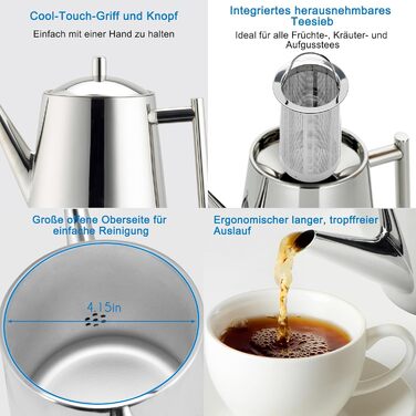 Easyworkz Teapot with Infuser, Stainless Steel, Tea Maker for All Fruits, Herbs, and Infusion Tea (1000ml)