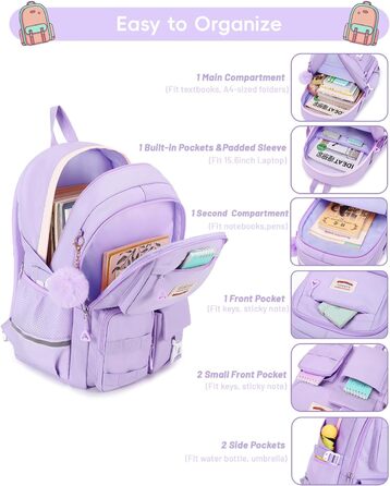 Рюкзак для підлітка Tanou, жіночий, для школи, 9-16 років, великий, водонепроникний, з брелоком (фіолетовий)