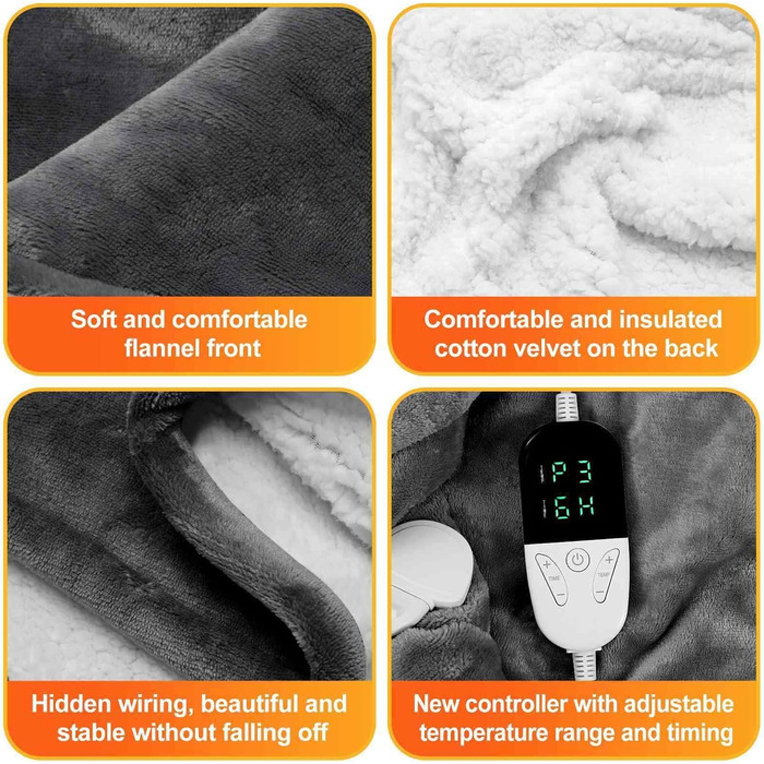 Електрична грілка з таймером 160x130 см | 6 температурних режимів, пульт керування, прання до 40°C, сірий колір