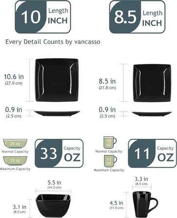 Vancasso Tableware Stoneware, 16-piece SOHO square dish set for 4 people, combination tableware set, square