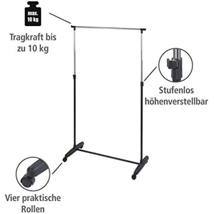 WENKO Clothes Rack, Folding, Clothes Storage with Adjustable Clothes Rail and Wheels, Plastic/Metal, 88 x 100-168 x 11-49 cm, Chrome/Grey (170 x 38 x 90 cm)