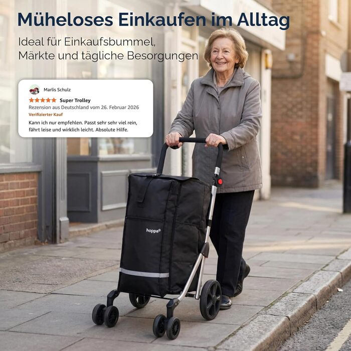 Hoppa – Розкладний візок для покупок | Великий 74L | Легкий візок на 6 колесах з 5 кишенями | Міцний та водонепроникний | Ідеальний для щоденного використання