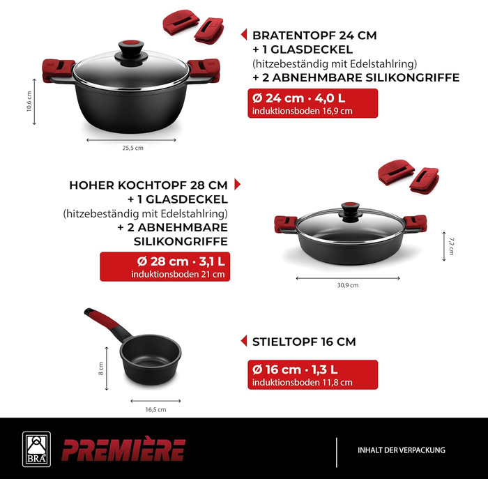 Набір посуду BRA Premiere 9 шт. з антипригарним покриттям, алюміній, знімні ручки, PFOA-free, для всіх типів плит та духовок