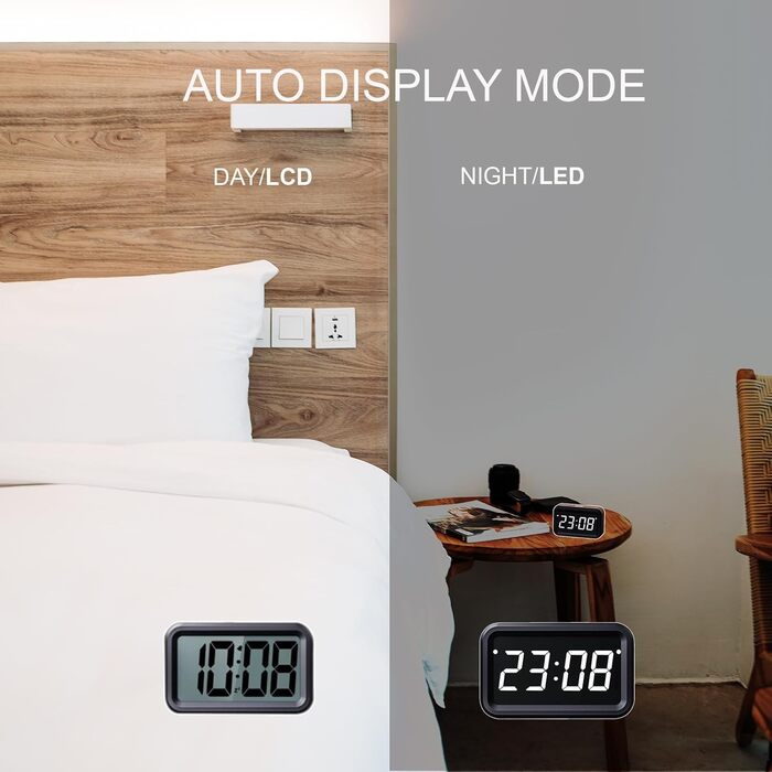KWANWA Alarm Clock Digital, No Ticking, Battery-Powered Digital Alarm Clock, LCD or LED Display, Snooze Duration, Adjustable Brightness for Deep Sleepers, Children, Adults (Black - White LED)
