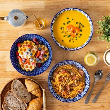 Набір кавових чашок з блюдцями Vancasso Cappuccino SELENE 6шт, 240мл, блакитно-білий вінтаж, високоякісний фарфор, для миття в посудомийній машині та використання в мікрохвильовці