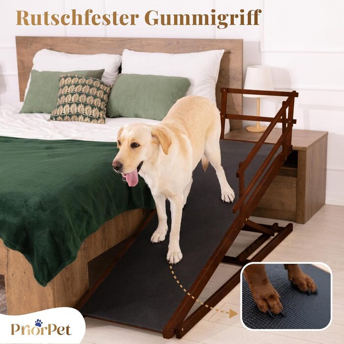 Східці для собак до ліжка з огорожею - для великих собак до 90 кг - регульована висота до 94.5 см - ширина 49.5 см - складаються - антиковзні ручки - з берези - колір натуральний (волоський горіх)