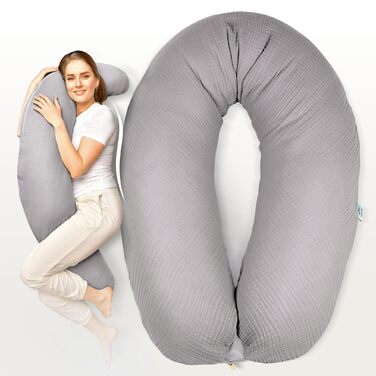 Подушка для вагітних та годування Sei Design XXL 190x35 см, мусліновий чохол (Taupe), ергономічна, з органічної бавовни