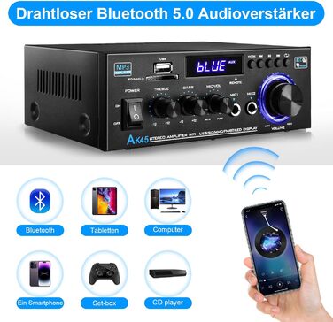 KKMOL AK45 Міні Hi-Fi стерео підсилювач Bluetooth, 400 Вт, 2-канальний, цифровий аудіо підсилювач з USB, SD, радіо, пультом, 12V/220V