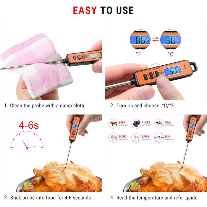 ThermoPro TP01S: Цифровий термометр для м'яса, гриля та приготування їжі - Швидке зчитування, довга сонда, помаранчевий