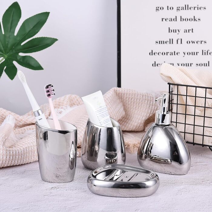 XYQXYQ Elegant 4-Piece Galvanized Ceramic Bathroom Set, featuring a lotion dispenser, mouth rinse cup, soap dish, and toothbrush holder, modern bathroom decoration set (white) (silver)