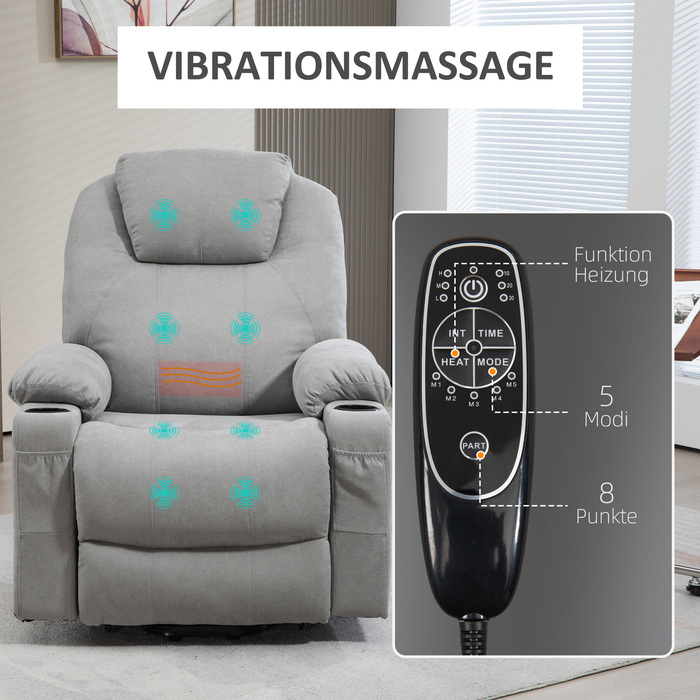 HOMCOM Electric Recliner with Stand Assist, Relax Recliner with Lie-Flat Function, Heating Function, 1 Motor, Massage Function, Pocket Spring, Light Grey | Aosom
