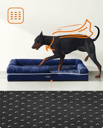 Feandrea Orthopedic Dog Bed, Dog Cushion, Dog Basket, Soft Padding, Dog Sofa, Raised Edges, Removable and Washable Cover, 91 x 71 x 20 cm, Non-Slip Bottom, PGW076G01 (L 120 x W 85 x H 20 cm, Anthracite Blue)