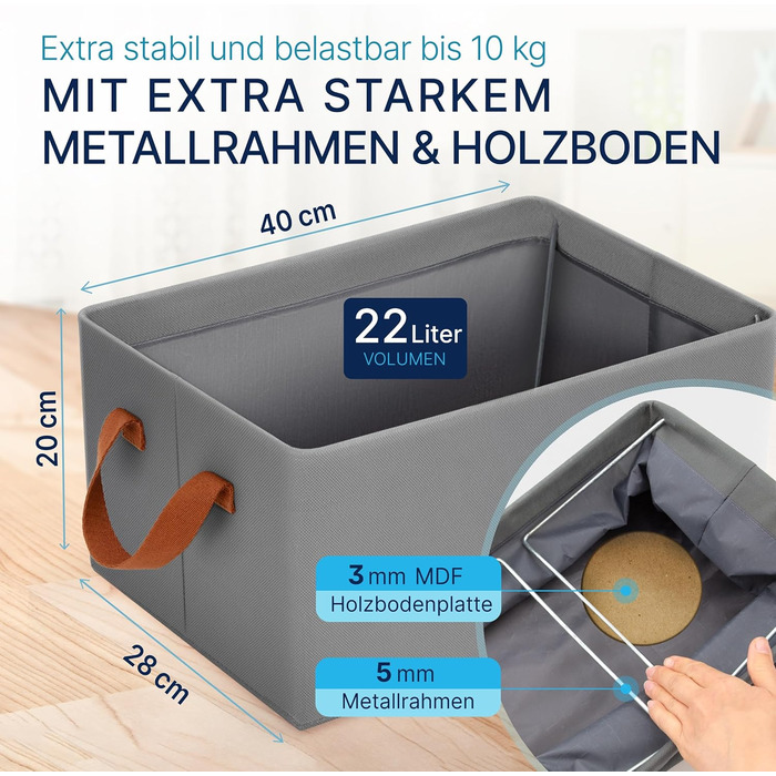 TOPP4u Storage Box Set Premium, 3-Piece, 40x28x20 cm, Extra Stable Storage Boxes with Metal Frame & Wooden Bottom, Foldable Closet Organizer, Boxes for Wardrobe, Large Storage Box, Grey
