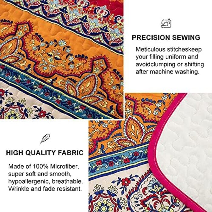 WONGS BEDDING Quilt Set 220x240 Bedspread Bohemian Throw Blanket Stepped Quilt 3-Piece Double Bed Quilted Bedspread Microfiber Living Room Blanket with 2 Pillowcases 50x70 for Bedroom as Sofa Throw (Bohemian)