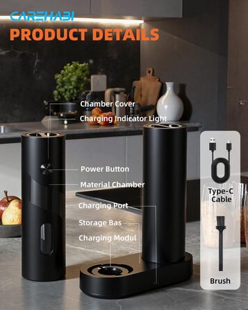 Набір електричних мельниць для солі та перцю з заряджною станцією, об'єм 110 мл, 5 ступенів помелу, керамічна млинка, щітка, 2 шт., чорний