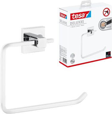 tesa DELUXXE Towel Ring, chrome-plated - rectangular towel holder ring - for wall mounting without drilling, including adhesive solution - 185mm x 156mm x 45mm