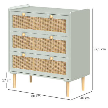 HOMCOM Bedside Table/Chest of Drawers with 3 Drawers, Sideboard with Boho Style, Rattan Look, Chest of Drawers for Living Room, Bedroom, Light Blue 80 x 40 x 87.5 cm | Aosom