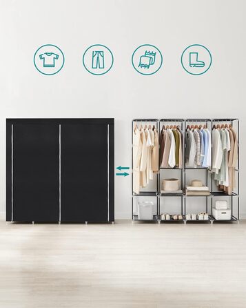 SONGMICS Wardrobe, Clothes Closet, 45 x 170 x 167 cm, 4 Hanging Shelves, with Shelves, 4 Side Pockets, Lots of Space, for Bedroom, Living Room, Black RYG094B02