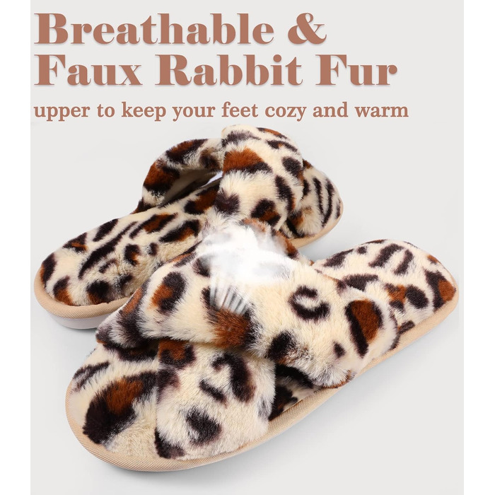 Тапочки халатні жіночі Ankis з плюшу, з перехресними ремінцями, зимові, теплі, з пам'яттю ефекту, з відкритим носком, пухнасті, для дому та вулиці (білі, чорні, сірі, верблюжі), розмір 38/39 EU, з принтом леопарда