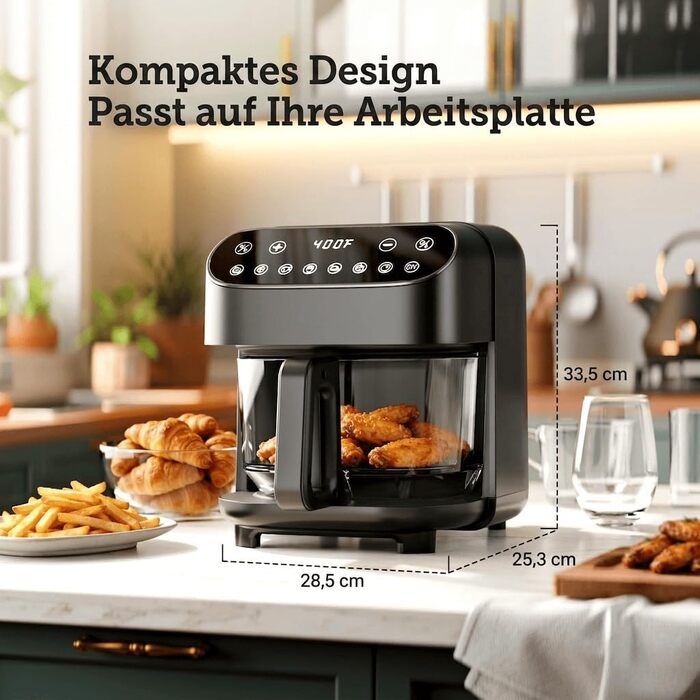 Скляна аерофритюрниця Kismile 4.7л, без PFAS, сенсорне керування, 1500 Вт, 8 програм, чорна