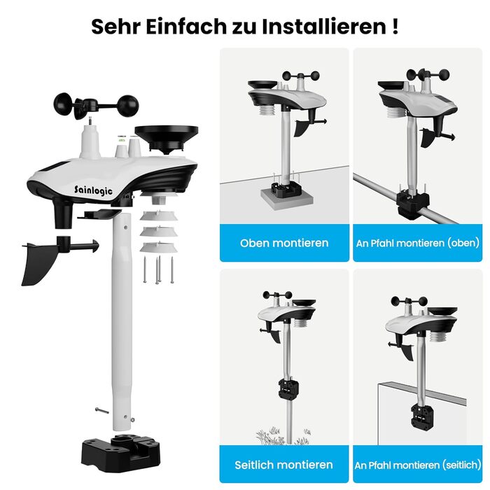 Метеостанція Sainlogic Smart Wetterstation SA6 Plus WiFi: 12-в-1, датчик зовнішньої температури, E-mail сповіщення, цифровий дощомір, анемометр (чорна)
