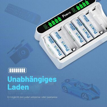 Зарядний пристрій POWXS для акумуляторів Ni-MH/Ni-Cd AA/AAA, 8 слотів, LCD-дисплей, USB/Type-C