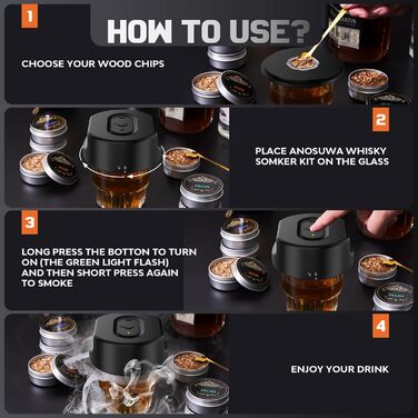 Набір для димування віскі Anusuwa - набір для коктейлів з 6 дерев'яними стружками та 4 камінням для віскі. Ідеальний подарунок для чоловіків на день народження, Різдво, ювілей (без бутану)