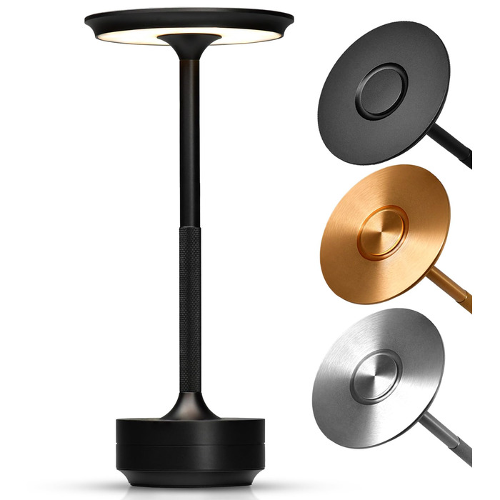 Настільна світлодіодна лампа ELYSIA LED акумуляторна, димована, бездротова, з сенсорним керуванням (IP54), тепле світло (2200K-2700K-3200K), USB-C, алюмінієва, чорна