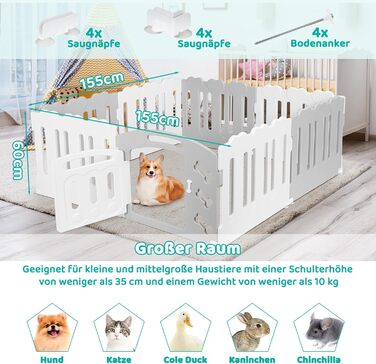 Летворешітка для цуценят Mamizо 60см, сталева та пластикова, з воротами та фіксаторами, для дому та на вулицю (7+1, сіро-біла)