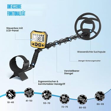 Професійний металошукач Profi з 2 акумуляторами, 5 режимів пошуку, водонепроникний IP68, регульована штанга (Жовтий)