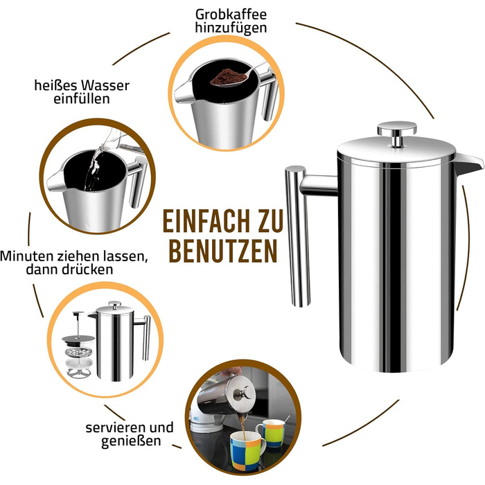KICHLY French Press Coffee Maker 34 Oz - 1000 ml (4 Coffee Cups / 8 Coffee Mugs) - Coffee Machine with Triple Stainless Steel Filter & Insulated Walls - Silver