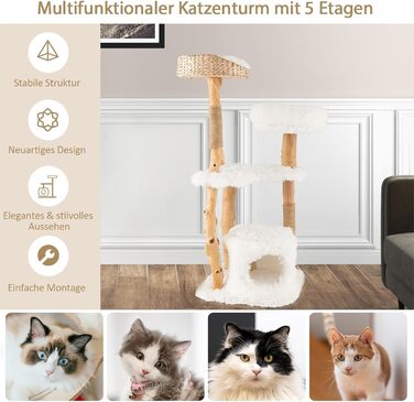 Дерев'яна кігтеточка SOARS для котів з 3 природними стовбурами, ліжком та плюшевими поверхнями, з іграшковим м'ячиком та джутовим мотузком, багатоповерхова, біла (124 см)