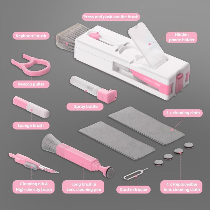 Набір для чищення клавіатури Alyvisun 11 в 1: для ноутбука, навушників, планшета, телефону, комп'ютера (рожевий)