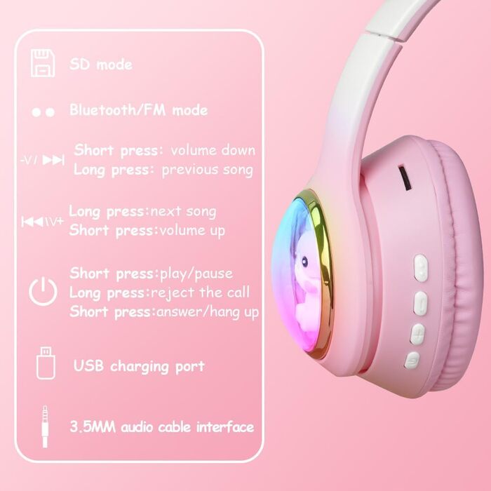 Дитячі навушники AXFEE з Bluetooth, котячі вушка, LED-підсвічування, Over-Ear, стерео, бездротові, з мікрофоном, Micro SD/TF, для телефону/планшета/ПК