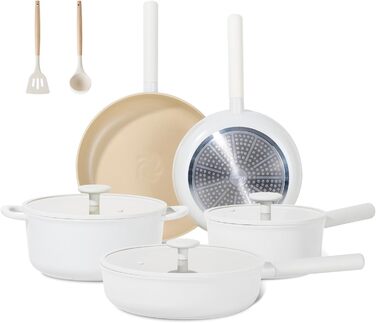 Набір посуду JEETEE 17 предметів з антипригарним покриттям Ceramic, знімні ручки. Комплект каструль та сковорідок 16/20/24/28 см, глибока сковорода 28 см. Підходить для всіх типів плит, можна використовувати в духовці.