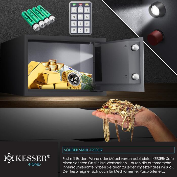 Електронний сейф KESSER® 31x20x20 см зі світлодіодним дисплеєм, подвійним ригелем, кріпленням для стіни та меблів, внутрішнім освітленням, сріблястий