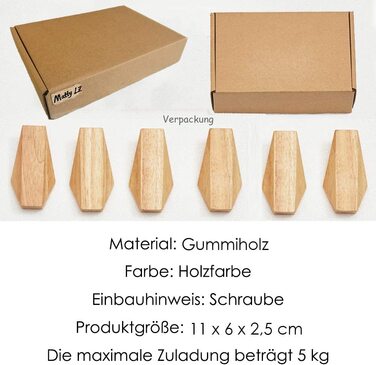 Wmama Matty-LZ 6-Piece Vintage Wooden Hooks, Wood Hangers, 5kg Load Capacity, Wall Hooks, Bathrobe Hooks, Hat Hooks, Clothes Hooks, Multi-Purpose Hooks, Key Hooks (C Wood Color - Set of 6)