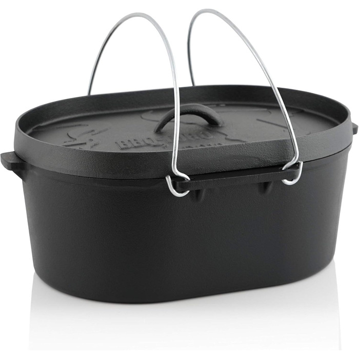 Чавунний казан BBQ-Toro Dutch Oven 9,3 л з кришкою, попередньо прожарений, без ніжок, чорний — каструля для запікання, тушкування, кухонний посуд