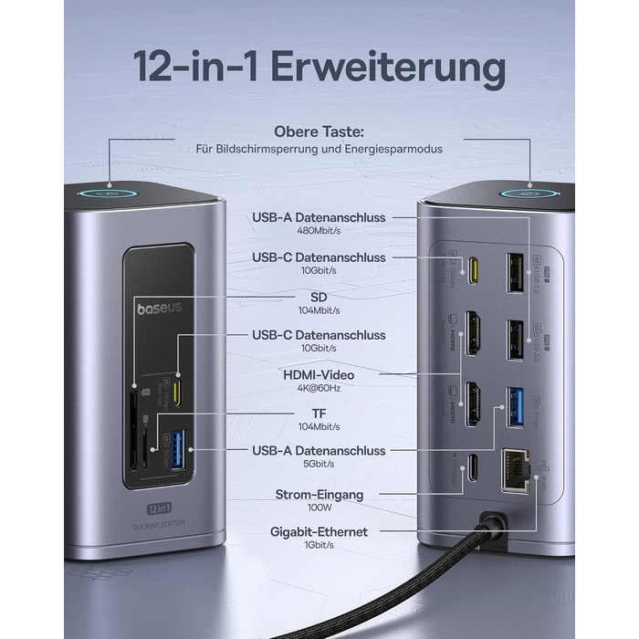 Базаус Док-станція USB-C 12-в-1 для ноутбуків Dell/HP/Lenovo/Asus/Acer/Mac: 2 монітори 4K HDMI, 10Gbps USB-C/A, 100W PD, Gigabit Ethernet