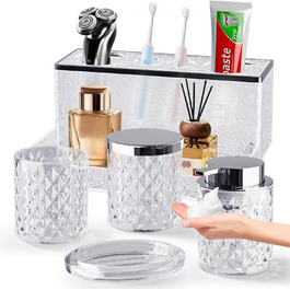 Набір аксесуарів для ванної кімнати зі скла, 5 предметів: мильниця, стакан, органайзер, тримач для зубних щіток, флакон для мила. Прозорий декор для раковини.