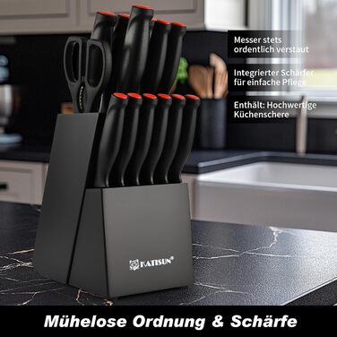 KATISUN 16-Piece Japanese Steel Knife Set with Block - Includes Sharpener, Cutting Board & Kitchen Shears - Durable Titanium Coated Kitchen Knife Set for Chopping, Slicing & Dicing