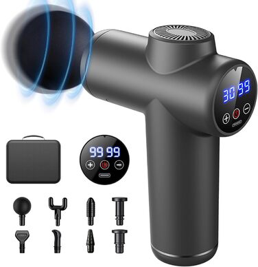 Масажний пістолет Bizcasa: 99 швидкостей, 8 насадок, LCD-дисплей, USB-C, для розслаблення м'язів (сірий)