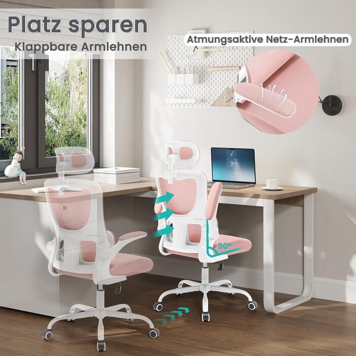 Офісний стіл Woltu: ергономічне крісло з функцією гойдання, регульована підголовник, обертові підлокітники, підтримка попереку, 150 кг, Рожевий