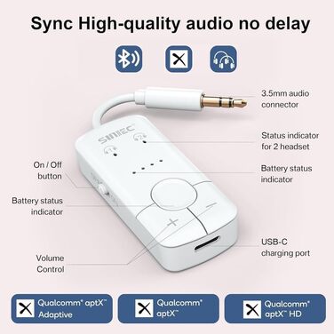Bluetooth-адаптер AirFly для навушників у літаку, бездротовий аудіо-трансмітер для подорожей, білий