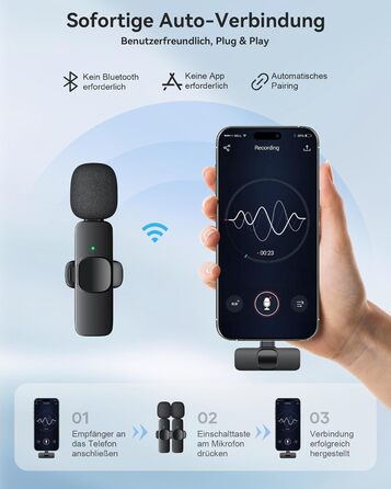 Беспроводной петличный микрофон: 2 миниатюрных микрофона с шумоподавлением, Plug-and-Play для iPhone/Android, для видеосъемки/TikTok/Vlog/Интервью, черный