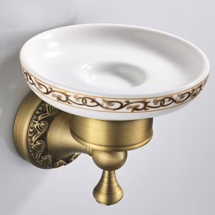 CASEWIND Soap Dish Antique, Vintage Wall Soap Holder, Retro Brass Ceramic Soap Shelf with Drill Wall Mounting Nostalgic for Shower