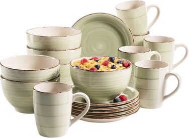 MÄSER Bel Tempo II Сервіз для сніданку на 6 осіб, вінтажний стиль, ручне розпису, 18 предметів, кераміка, steingut, колір димчастий зелений