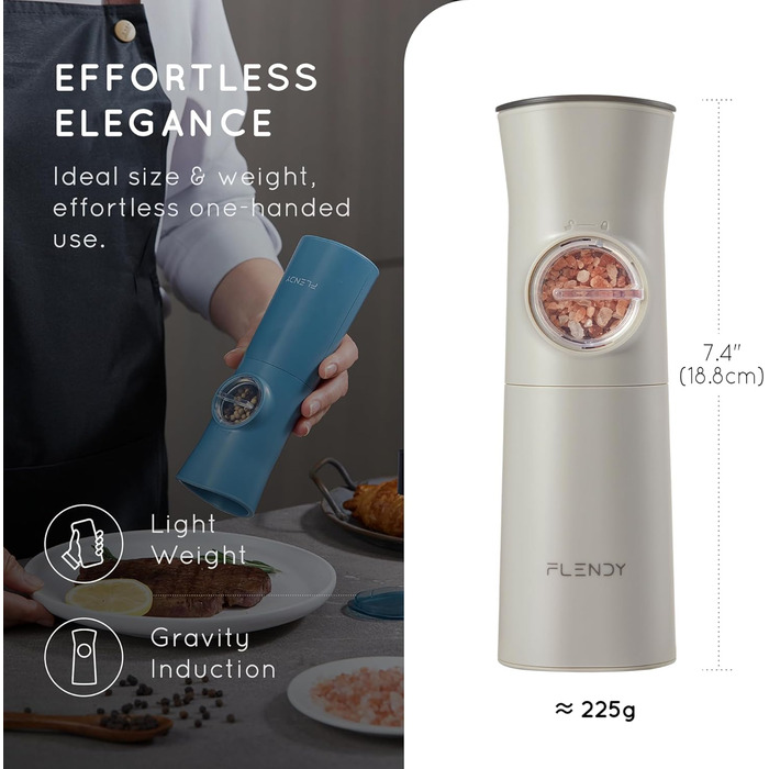 Flendy Gravity Electric Salt and Pepper Mill Set, 2-Piece Set Rechargeable Electric Salt and Pepper Shakers with USB-C Charging Station, Electric Spice Grinder for Dry Spices
