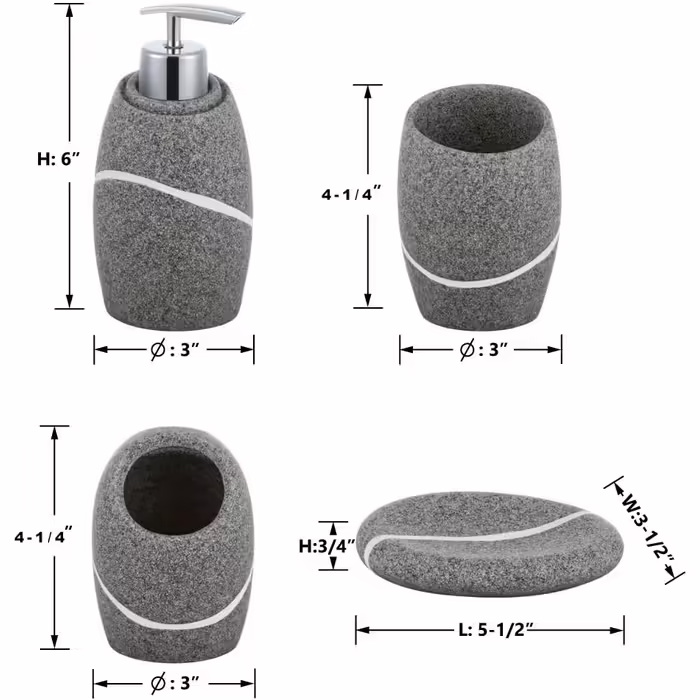 ZCCZ Bathroom Set – 4-Piece Organizer Set with Toothbrush Holder, Soap Dispenser, Cosmetic Tray, and Cotton Swab Holder – Elegant Stone-Look Decoration for Modern Bathrooms (Gray)